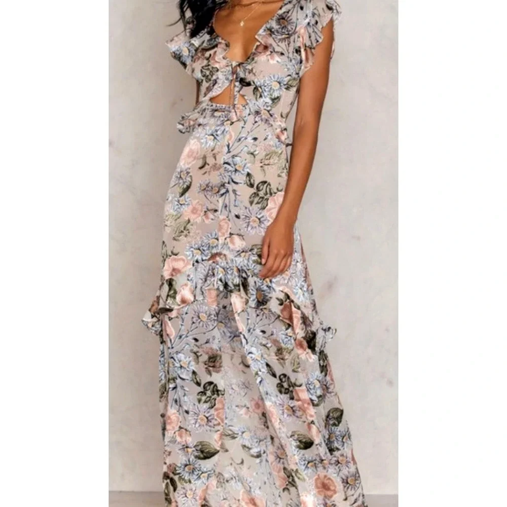 NWT! For Love&Lemons L Floral Luciana Silk Burnout Maxi Dress Backless Pink Tan - Picture 5 of 8